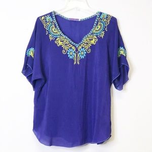Johnny Was Royal Blue Blouse with Floral Embroidery